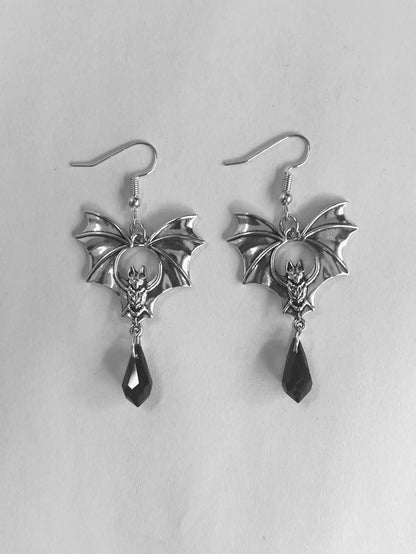 Gothic Vampire Bat Earrings with Red Crystal Teardrop