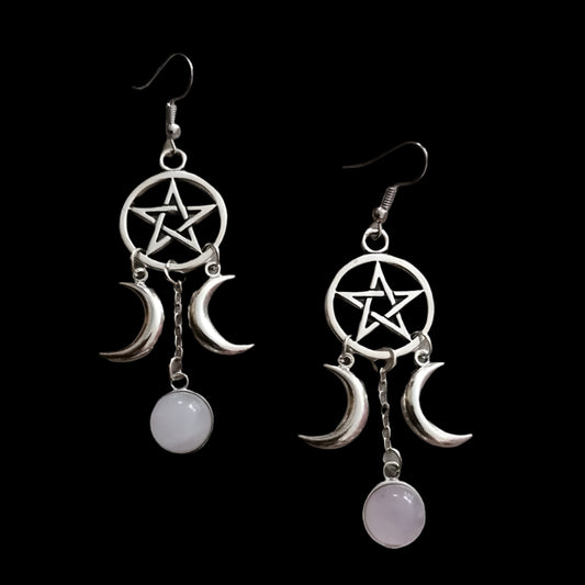 Pentagram Crescent Moon Natural Stone Earrings