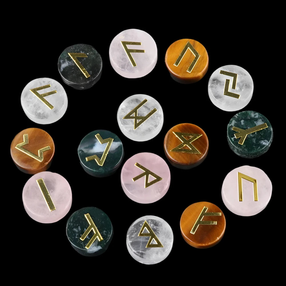 25PCS Natural Crystal Rune Set – Sacred Symbol Healing Stones