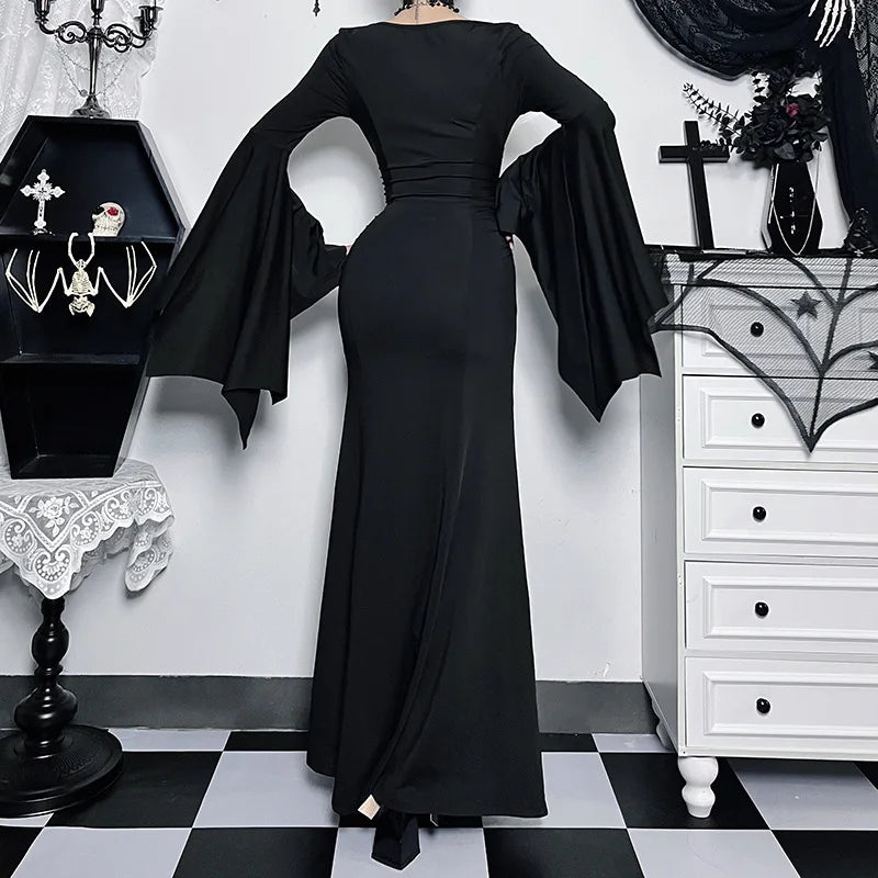 Gothic Vintage Square Neck Dress – Spider Web Flare Sleeves Long Party Gown