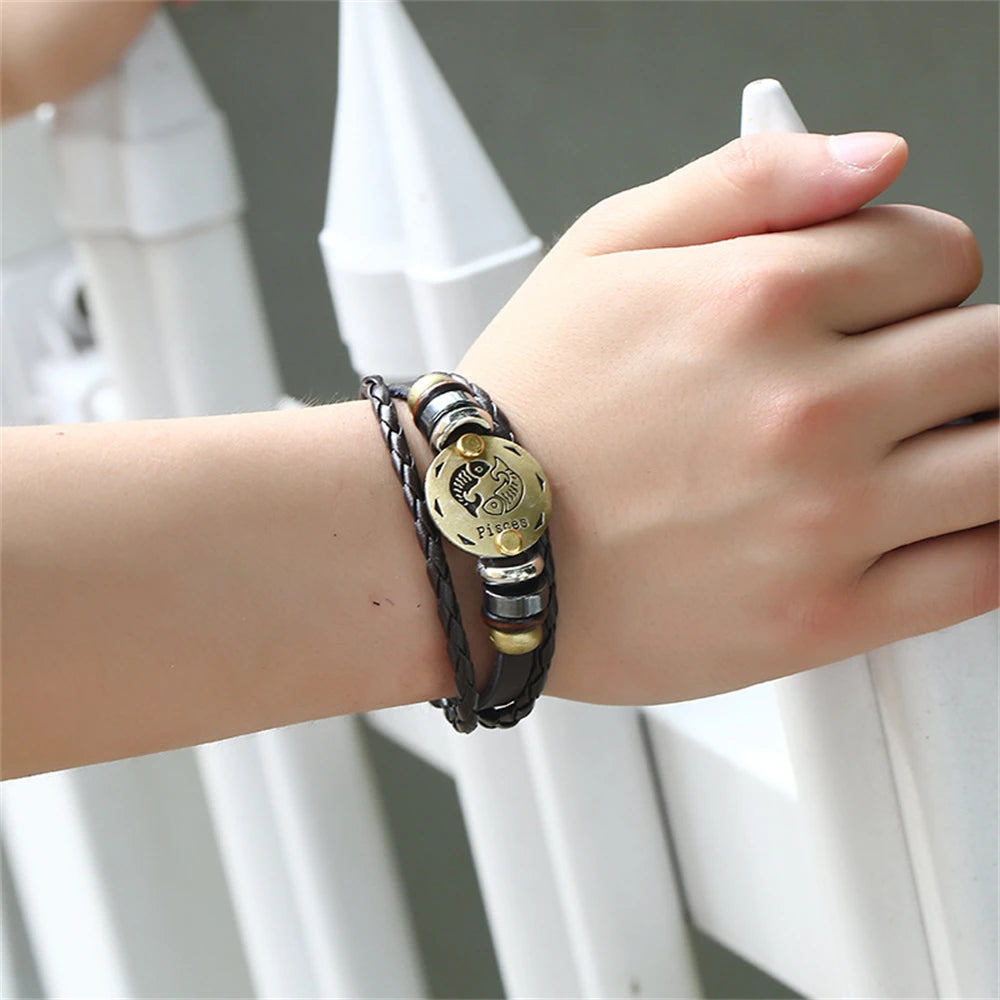 12 Horoscope Leather Bracelet  Zodiac Sign