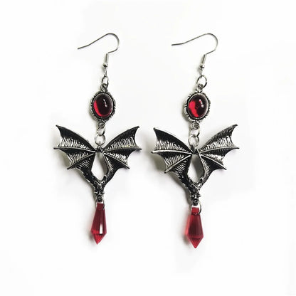 Gothic Vampire Bat Earrings with Red Crystal Teardrop