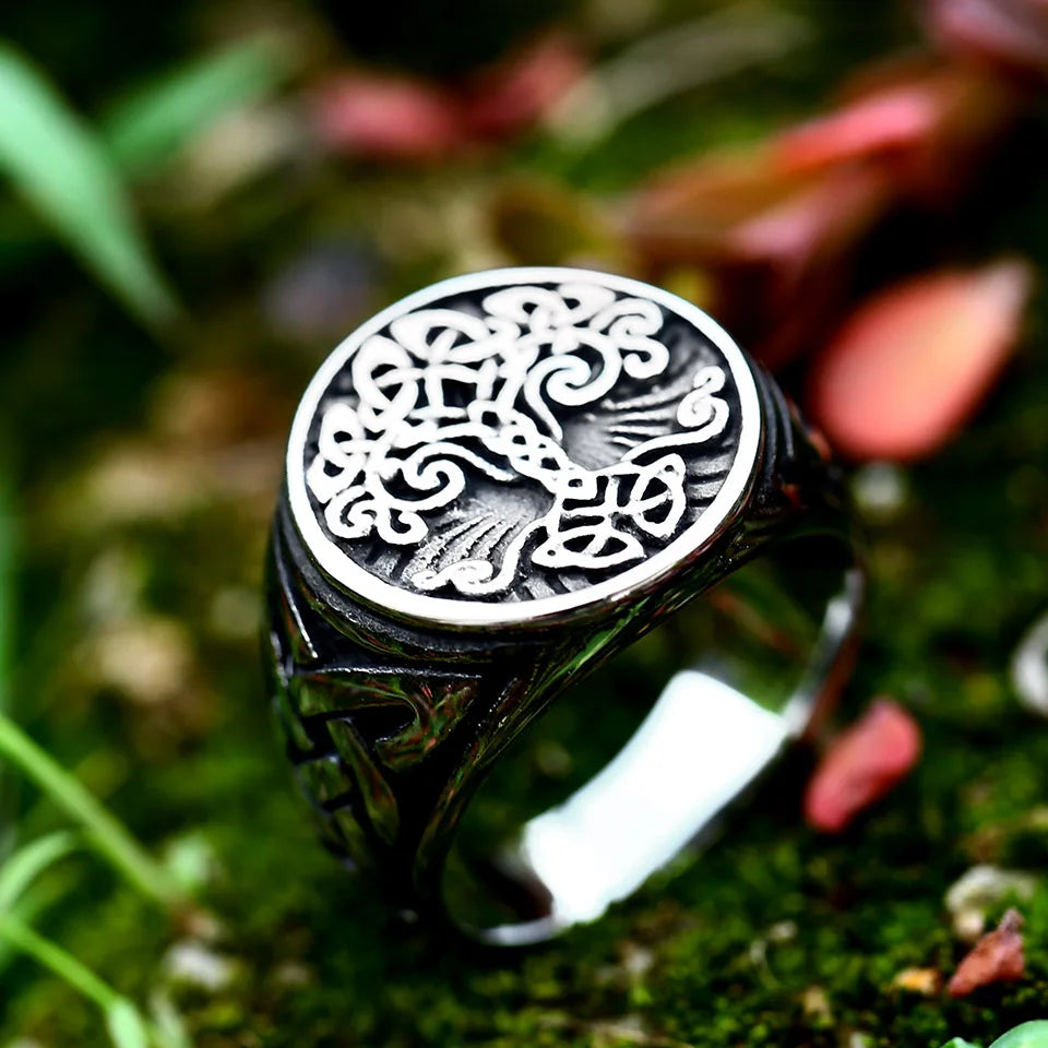 Nordic Tree of Life Signet Ring – 316L Stainless Steel Viking Amulet for Men