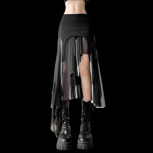 Gothic Irregular Hem Sheer Midi Skirt