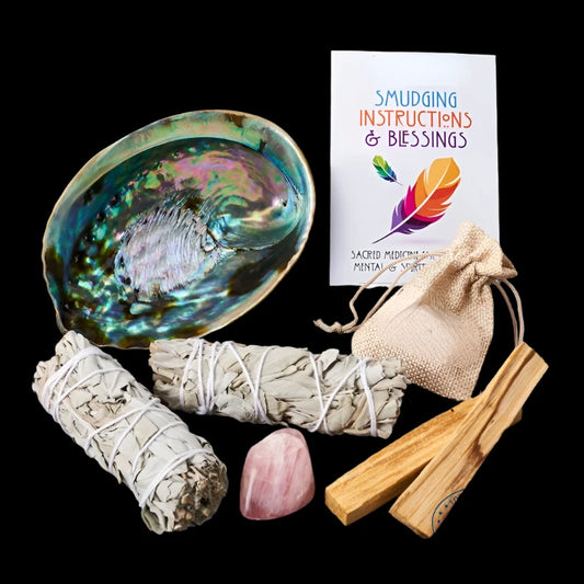 Sage Smudge Kit with White Sage Bundles, Palo Santo Sticks, Abalone Shell, Rose Quartz, and Blessing Instructions