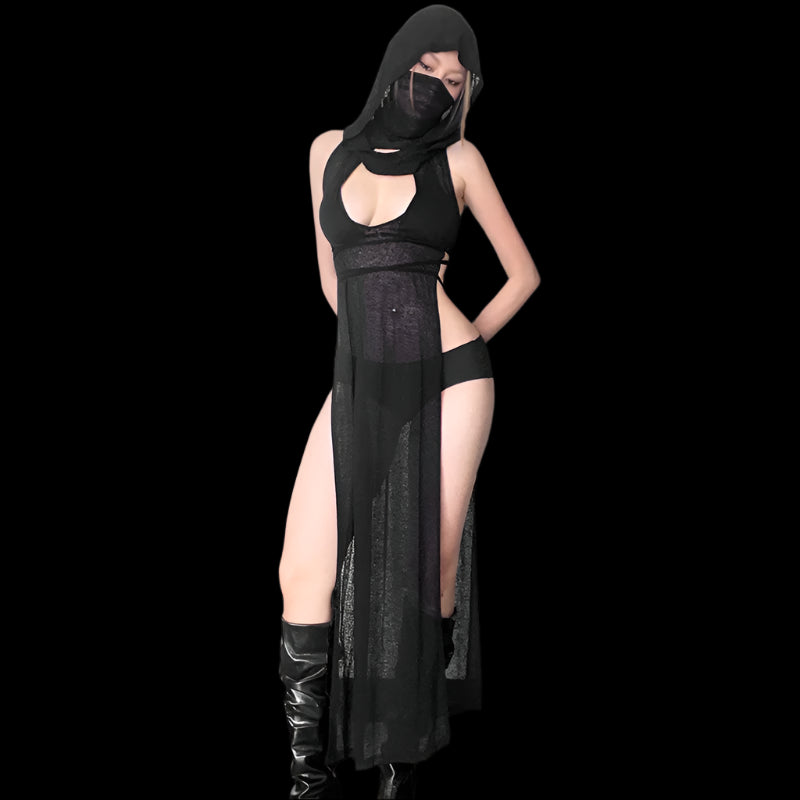 Gothic Hooded Ankle-Length Dress – Mysterious & Bold