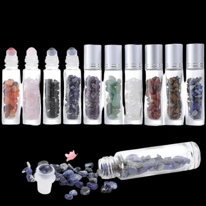 10PCS 10ml Natural Gemstone Essential Oil Roller Bottles - Crystal Chip Perfume