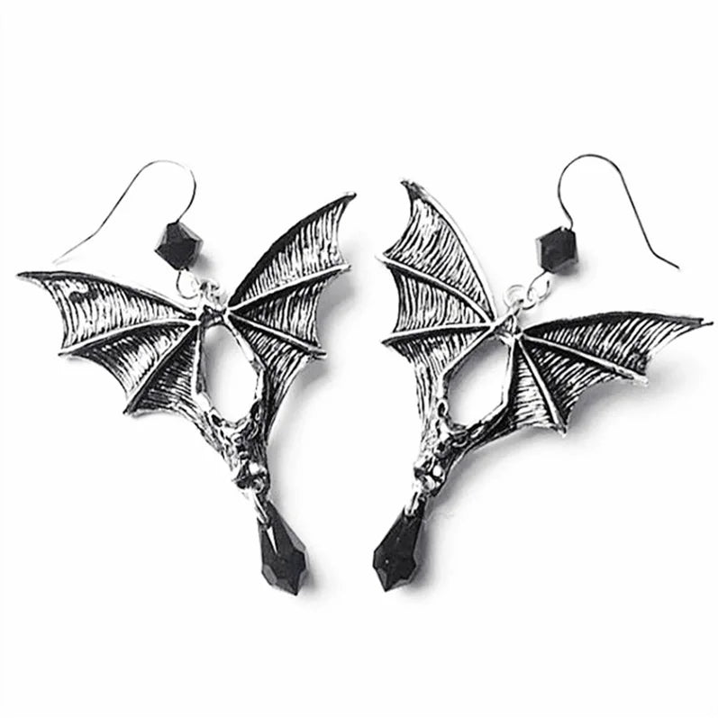 Gothic Vampire Bat Earrings with Red Crystal Teardrop