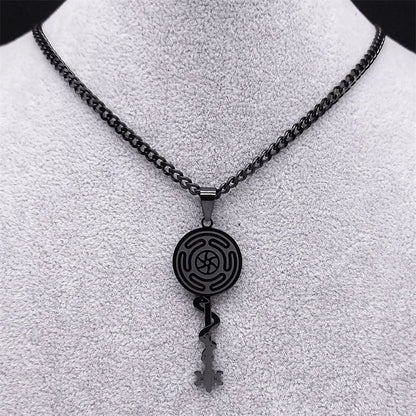 Hecate's Wheel Snake Key Necklace - Strophalos Symbol in Black Stainless Steel