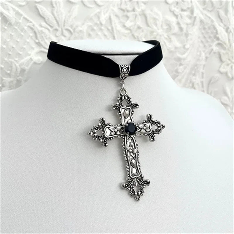 Gothic Black Velvet Cross Choker Necklace