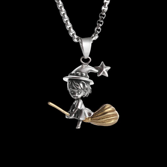 Enchanted Broomstick Witch Pendant Necklace