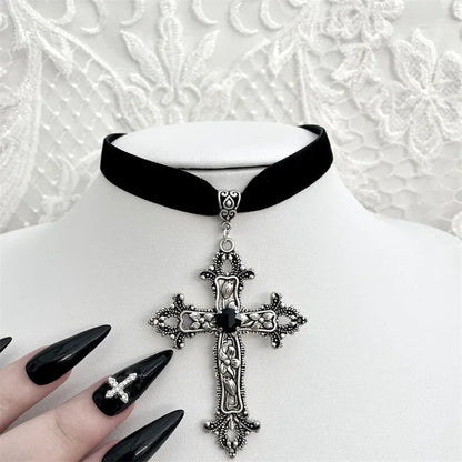 Gothic Black Velvet Cross Choker Necklace