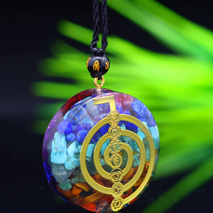 Natural Reiki Cho Ku Rei Symbol Orgone Pendant with 7 Chakra Healing Crystals