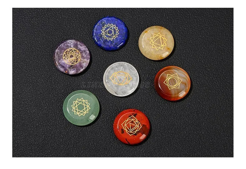 Healing Stone 7 Chakra Reiki Symbol Crystal Set with Wooden Star Array Plate – Meditation & Energy Balancing