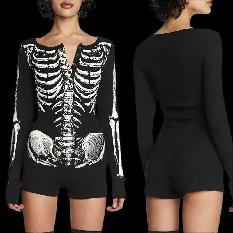 Goth Dark Skull Bone Print Long Sleeve Skinny Playsuit