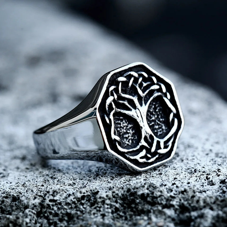 Nordic Tree of Life Signet Ring – 316L Stainless Steel Viking Amulet for Men