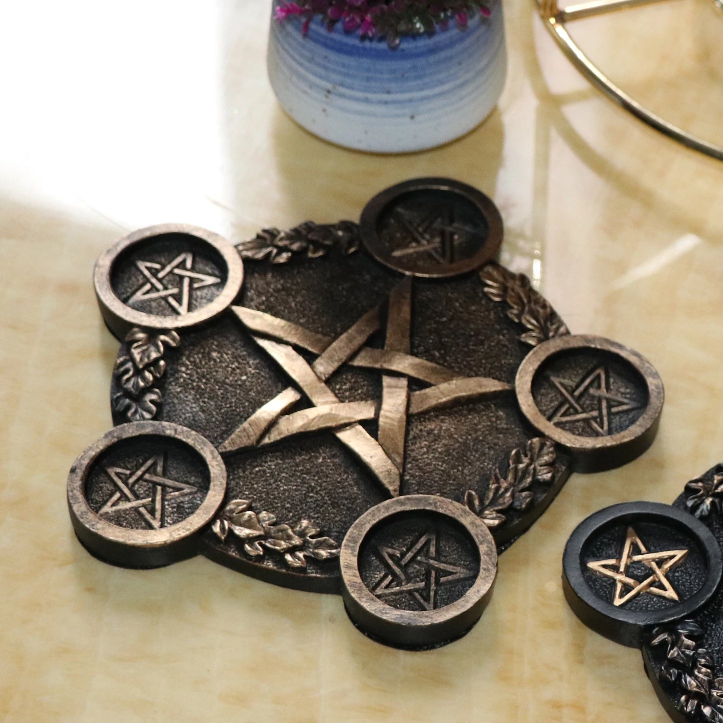 Pentagram Candle Holder Altar Plate – Mystical Resin Tea Light Stand