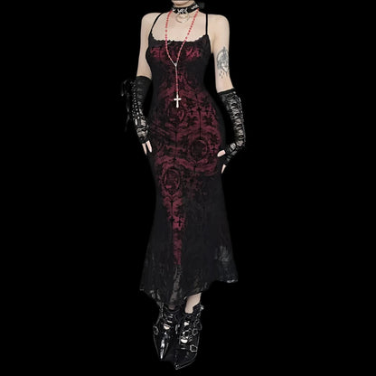 Vintage Elegant Gothic Cross Pattern Spaghetti Strap Dress – Fairy Grunge Aesthetic