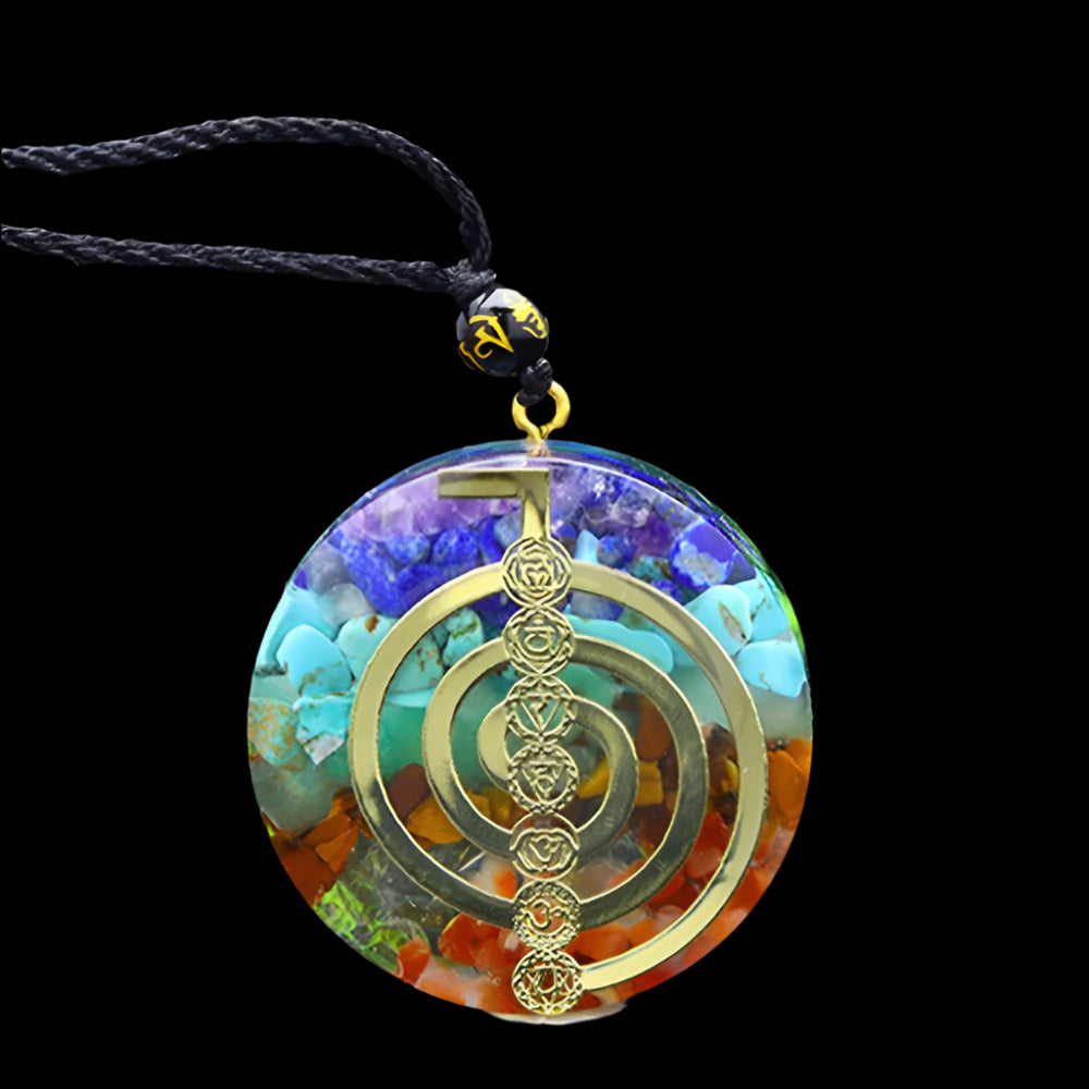 Natural Reiki Cho Ku Rei Symbol Orgone Pendant with 7 Chakra Healing Crystals