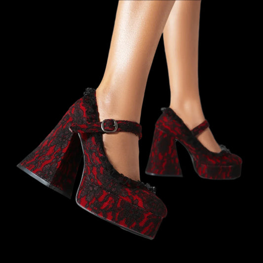 othic Lace Platform Mary Janes – Black & Red Super High Heels