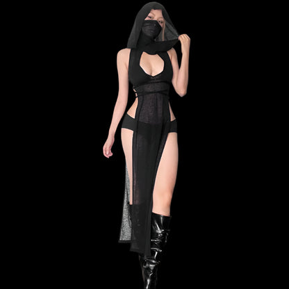 Gothic Hooded Ankle-Length Dress – Mysterious & Bold