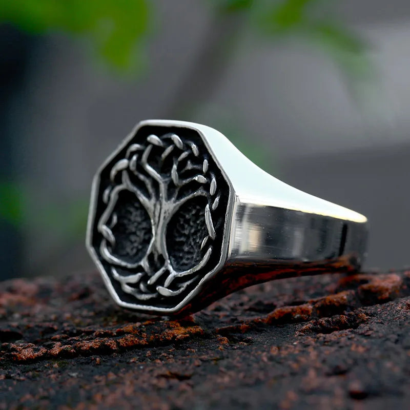 Nordic Tree of Life Signet Ring – 316L Stainless Steel Viking Amulet for Men