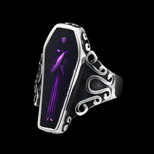 Gothic Coffin Ring with Purple Glow – Stainless Steel Elegance