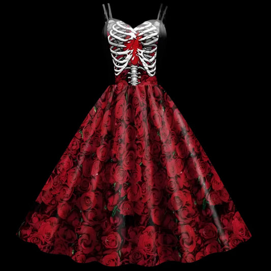 Skeleton Rose Gothic Swing Dress – Witchy Vintage Charm