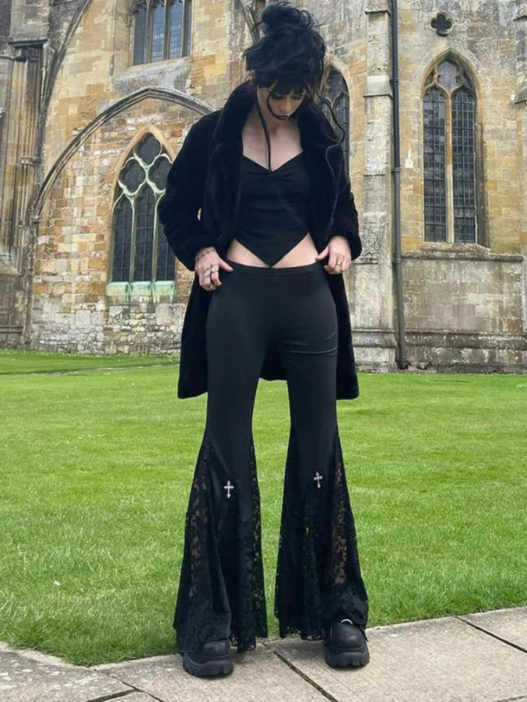 Gothic Flare Pants - Lace Patchwork Elegance