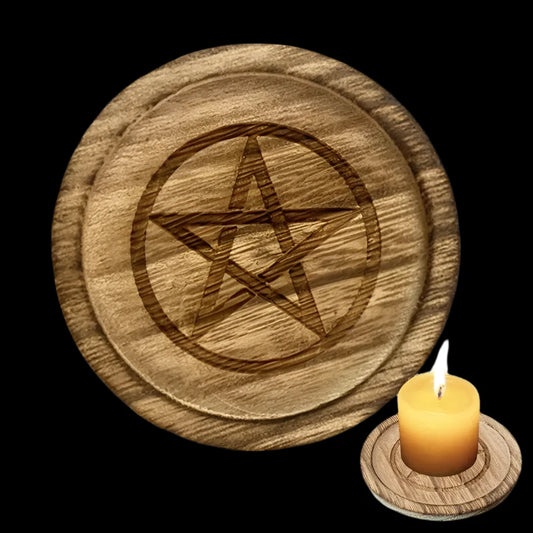 Wooden Pentagram Altar Plate & Candle Holder – Mystical Wicca Ceremony Supply