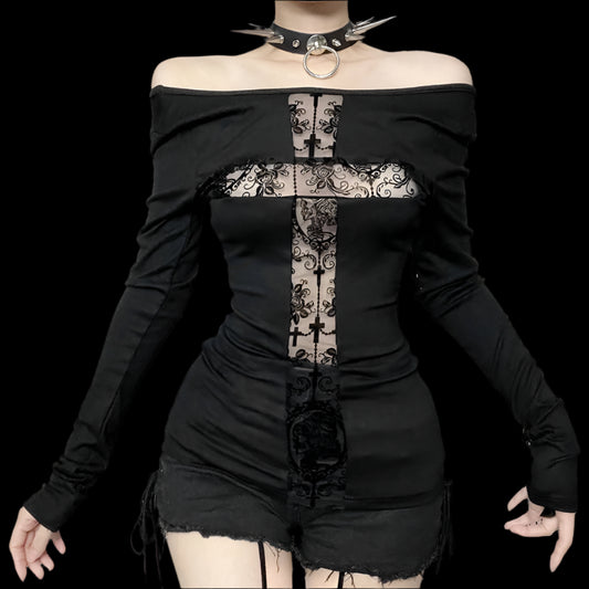 Goth Dark Lace Patchwork Cross Long Sleeve Top