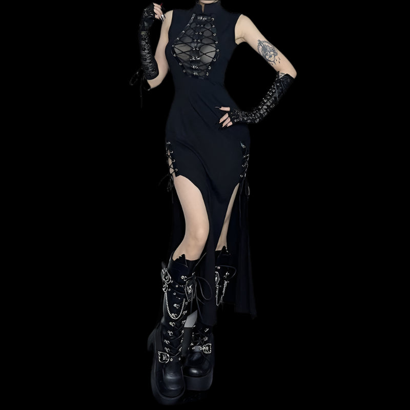 Gothic Sheer Patchwork Maxi Dress with Bandage Hem