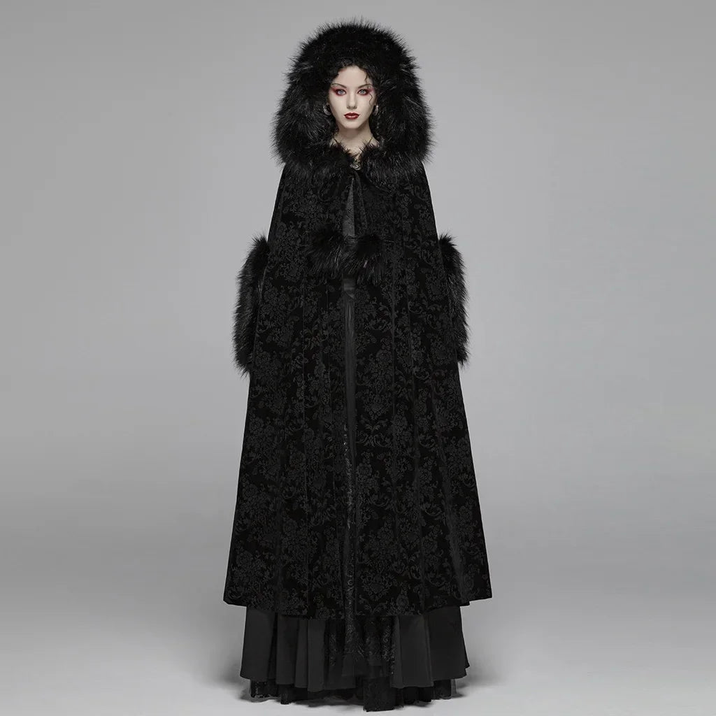 Gothic Hooded Cloak - Long Coat Cape with Fuzzy Trim