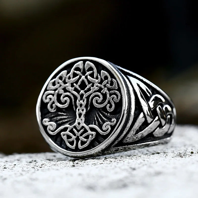 Nordic Tree of Life Signet Ring – 316L Stainless Steel Viking Amulet for Men