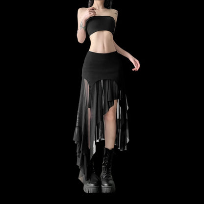 Gothic Irregular Hem Sheer Midi Skirt