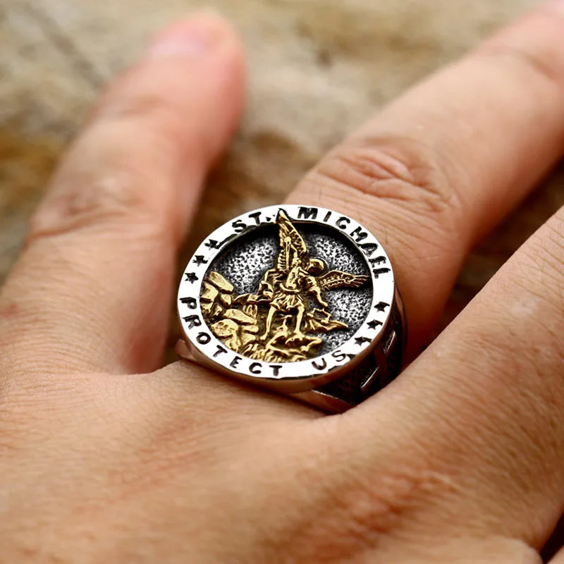 St. Michael Protector Ring – 316L Stainless Steel Cross & Angel Design