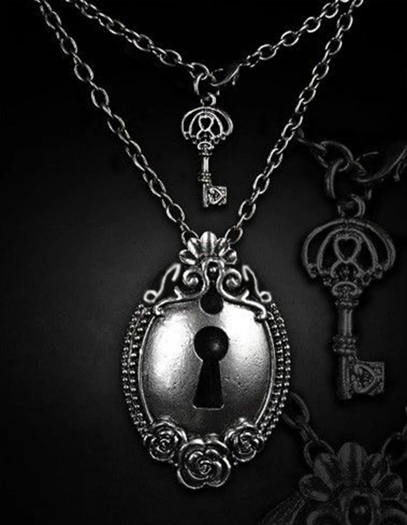 Key & Lock Gothic Antique Silver Multi-Layered Necklace