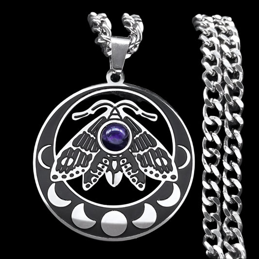 Wicca Moon Crescent Necklace with Moth Design