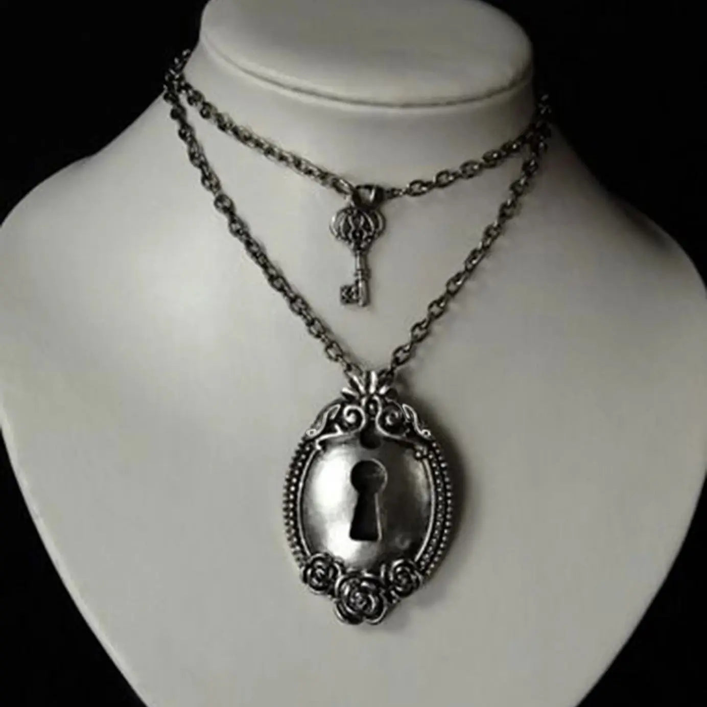 Key & Lock Gothic Antique Silver Multi-Layered Necklace