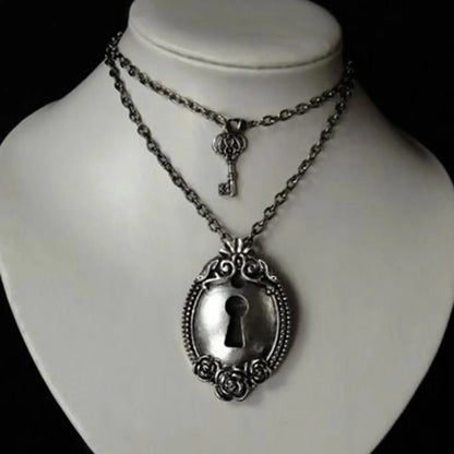 Key & Lock Gothic Antique Silver Multi-Layered Necklace