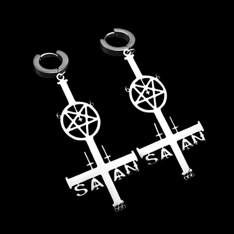 Stainless Steel Satan Inverted Pentagram Cross Hoop Earrings