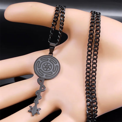 Hecate's Wheel Snake Key Necklace - Strophalos Symbol in Black Stainless Steel