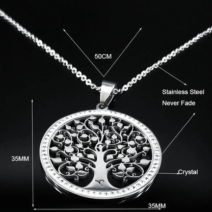 Crystal-Accented Tree of Life Pendant Necklace - Stainless Steel