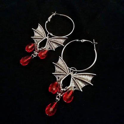 Gothic Vampire Bat Earrings with Red Crystal Teardrop