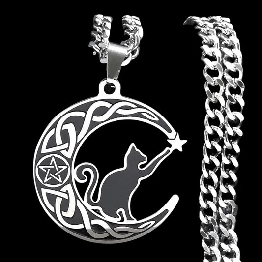 Mystic Moon Cat Pendant - Gothic Pentagram & Celtic Knot Necklace