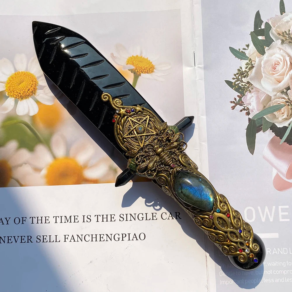 Handmade Black Obsidian Witchcraft Ritual Dagger with 7 Chakra Crystals