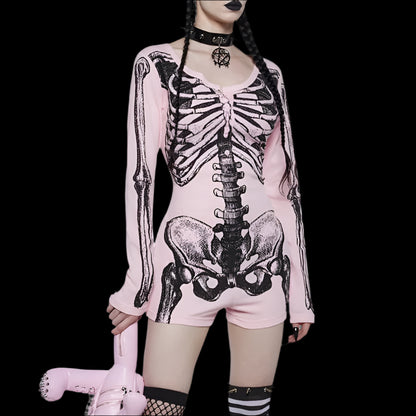 Goth Dark Skull Bone Print Long Sleeve Skinny Playsuit