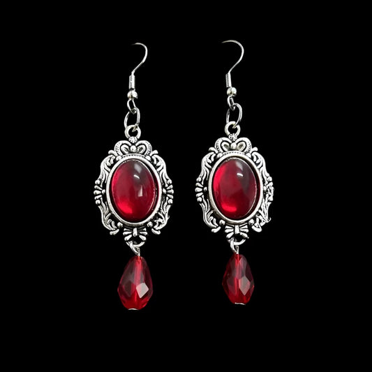 Gothic Vampire Cameo Earrings – Vintage Witchy Jewelry with Red & Black Crystal Teardrops