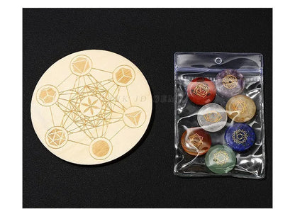 Healing Stone 7 Chakra Reiki Symbol Crystal Set with Wooden Star Array Plate – Meditation & Energy Balancing