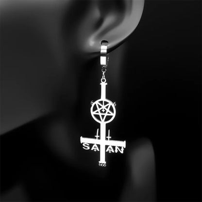 Stainless Steel Satan Inverted Pentagram Cross Hoop Earrings